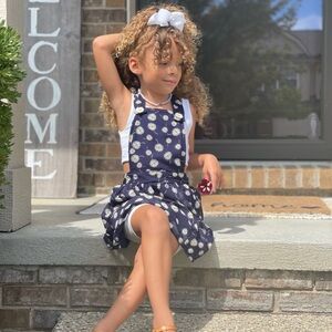 Navy Blue Daisy Printed smocked  Dress xs